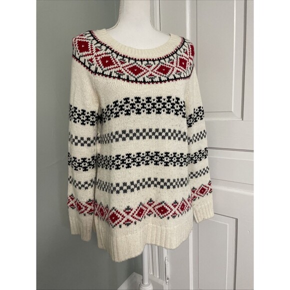 Talbots Sweater Warm Winter Medium Red Black Cream Nordic Fair isle Wool Blend - Picture 1 of 5